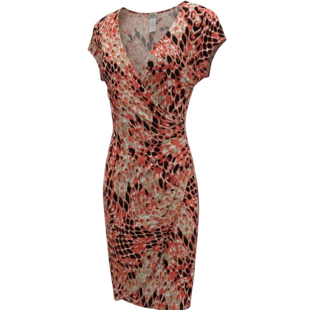 Y2K VTG Cache Faux Wrap Dress Womens Medium Orange Animal Print V-Neck Ruched